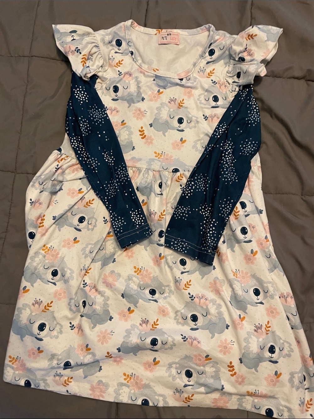 Girls' Navy and Light Gray Koala Print Long-Sleeve Dress size 7/8